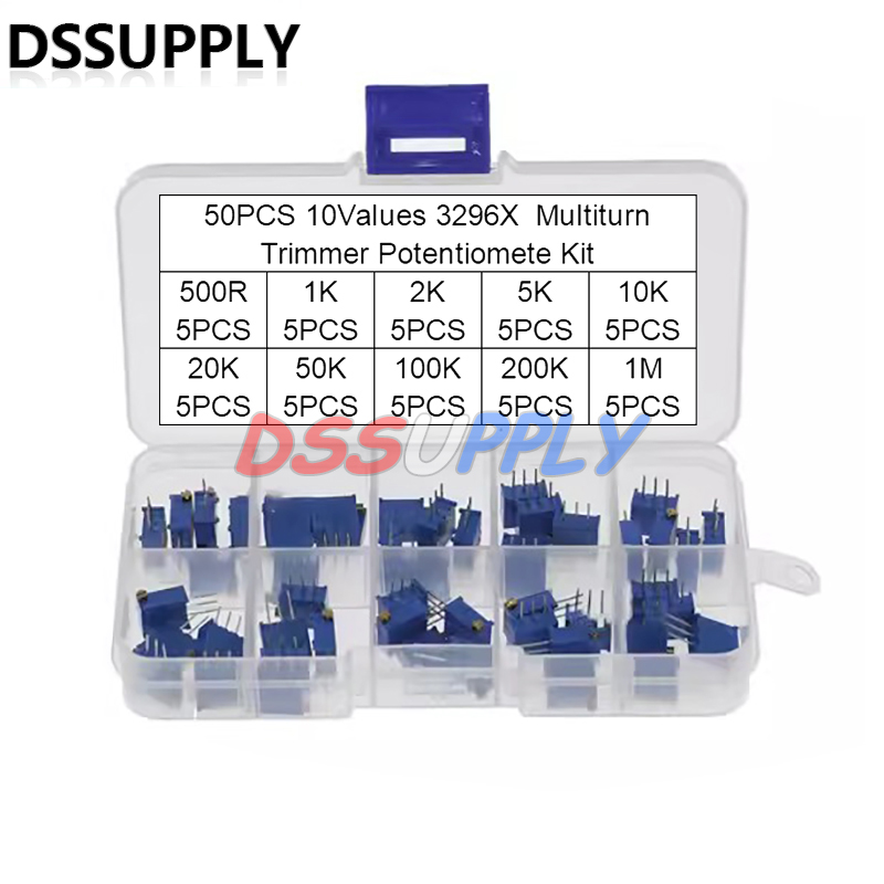 Diy Electronics Gadget - 50ชิ้นชุดตัวต้านทานแบบปรับละเอียดแบบหมุนหลายจุด3296 3296X ตัวต้านทาน500R 1MΩ ตัวแปรที่มีความแม่นยำสูงพร้อมกล่องอิเล็กทรอนิกส์แบบ DIY
